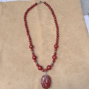 Carnelian stone pendant necklace red crystals